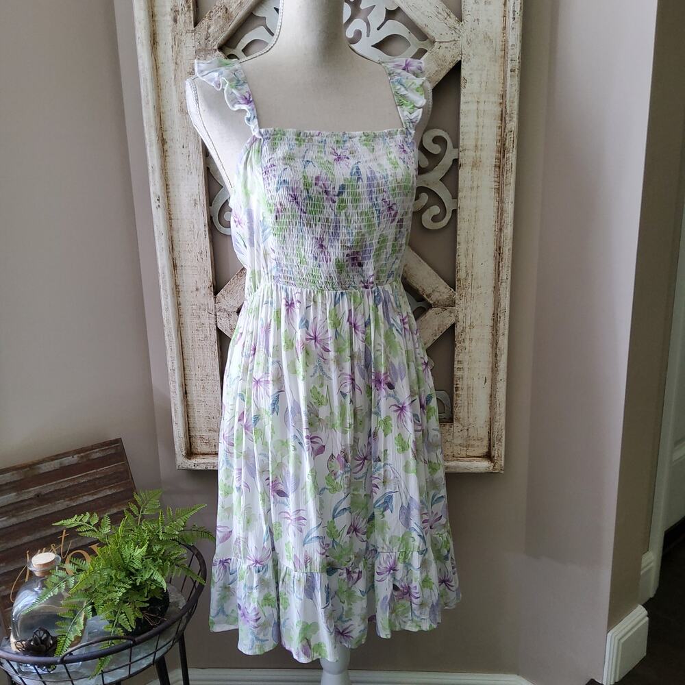 Blue B Floral Smocked Mini Dress Cottagecore Coquette Fairycore Ruffle Large